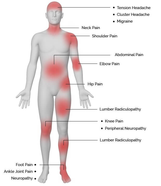 graphic of man's body, front and back, red highlighted area