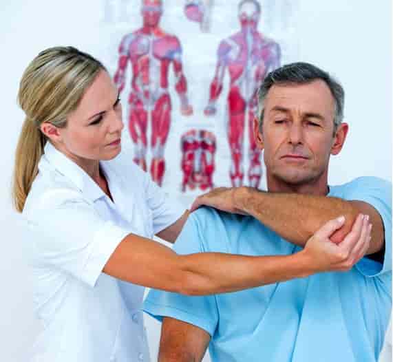doctor with patient, doctor gripping elbow